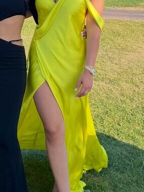 Yellow Satin Cold-Shoulder Slit Evening Dress